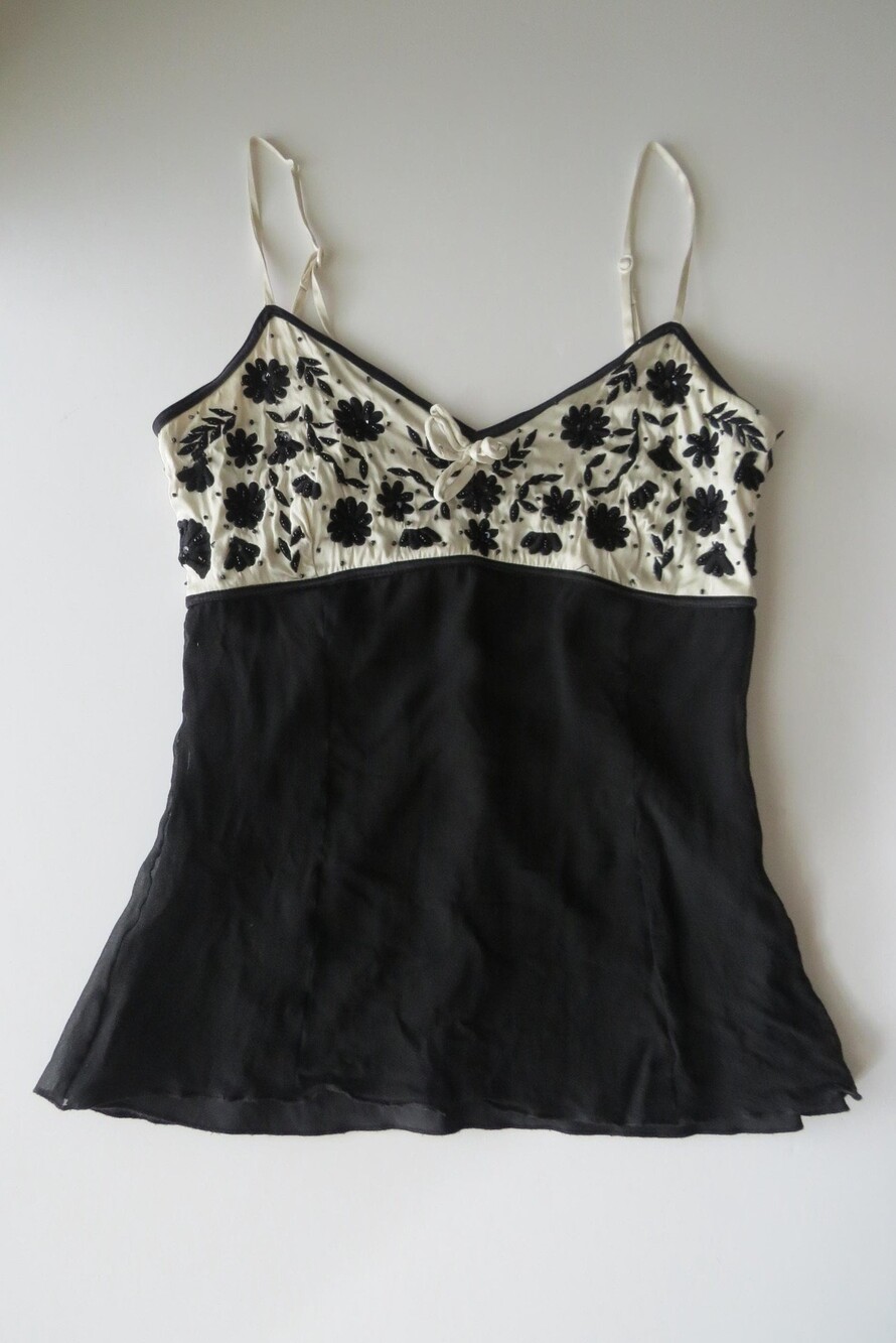 Vintage Italian Silk Beaded Camisole, 2000s Floral Embroidered Black Tank Top, M